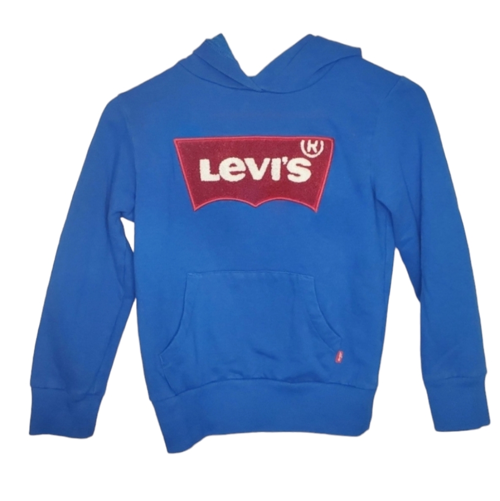 Levis Boys Blue Chenille Batwing Logo Hoodie Sweatshirt Size S 8-10 Yrs Fleece
